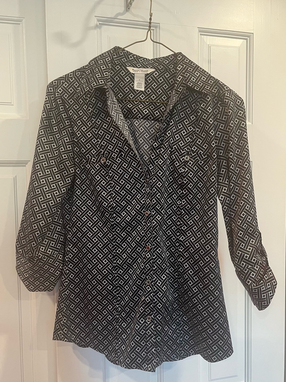 White House Black Market Black Geometric Button-Up Blouse